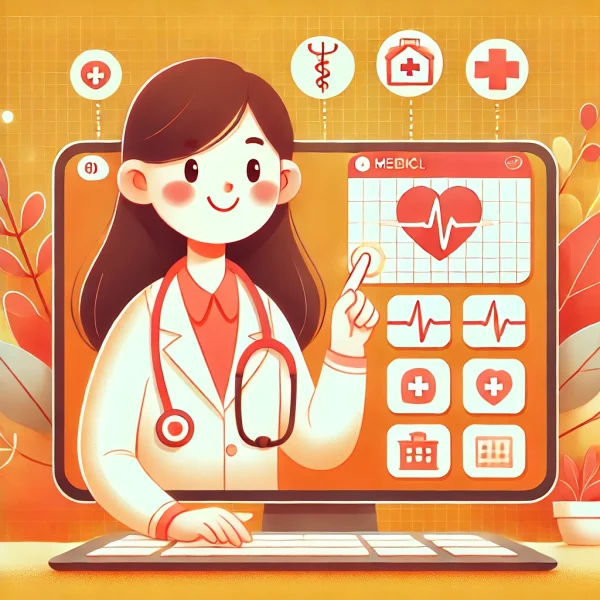 DALL·E 2025-02-13 15.11.26 – A warm, cartoon-style illustration of a female doctor with a stethoscope, engaging with a medical website interface. The scene features a friendly, in medyczne strony internetowe, strona internetowa dla branży medycznej